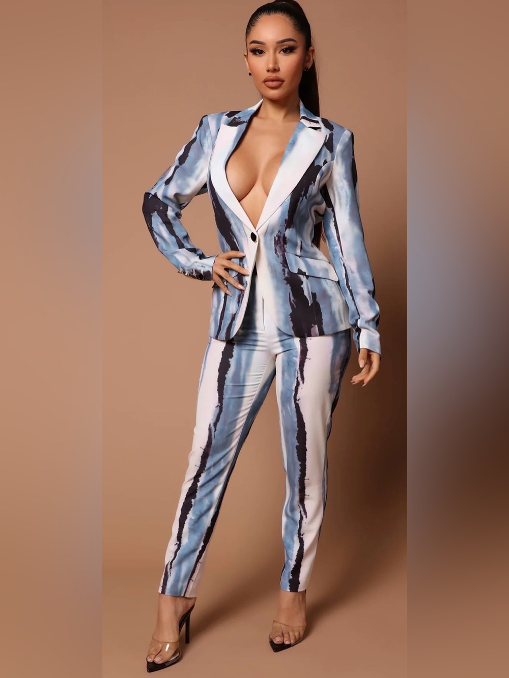 Watercolor Stripe Blue & White Women's Pantsuit